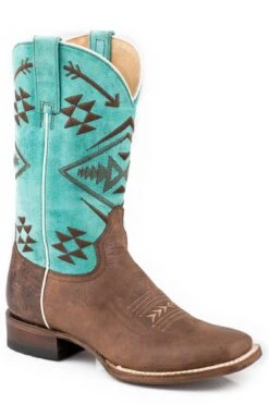 Roper Womens Brown/Turquoise Leather Ruby Native Embroidery Design On Turquoise Shaft Cowboy Boots