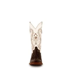 Ferrini Ladies Chocolate Leather Caiman S-Toe Rancher Cowboy Boots -ROPER Shop 90493 09 PrintHornbackCaiman Choclate White S Toe Front 111