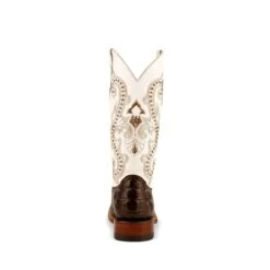 Ferrini Ladies Chocolate Leather Caiman S-Toe Rancher Cowboy Boots -ROPER Shop 90493 09 PrintHornbackCaiman Choclate White S Toe Rear 113