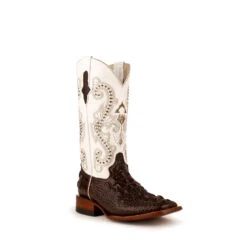 Ferrini Ladies Chocolate Leather Caiman S-Toe Rancher Cowboy Boots -ROPER Shop 90493 09 PrintHornbackCaiman Choclate White S Toe ThreeFourths 114